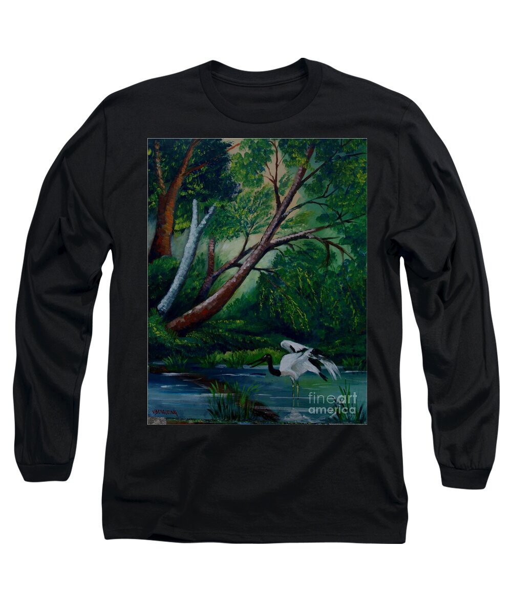 Jaribu Bird Of Costa Rica Long Sleeve T-Shirt featuring the painting Bird in the swamp by Jean Pierre Bergoeing