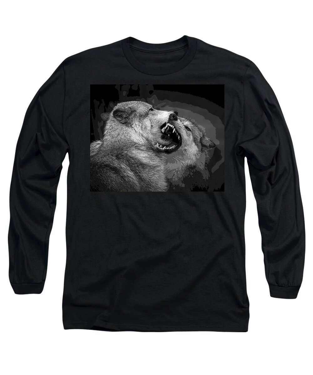  Wildlife Long Sleeve T-Shirt featuring the photograph Black and White Wolf Fight by Steve McKinzie