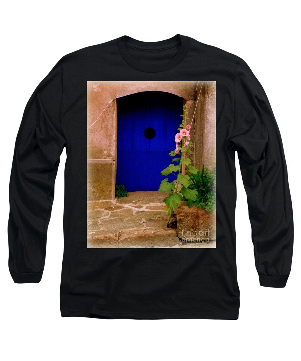 Door Long Sleeve T-Shirt featuring the photograph Blue Door and Pink Hollyhocks by Lainie Wrightson