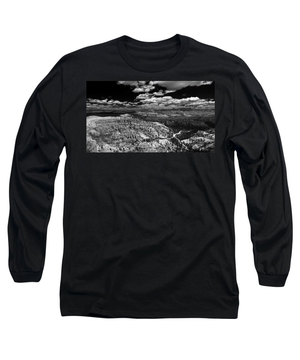 Bryce Long Sleeve T-Shirt featuring the photograph Bryce Canyon Ampitheater - Black and White by Larry Carr