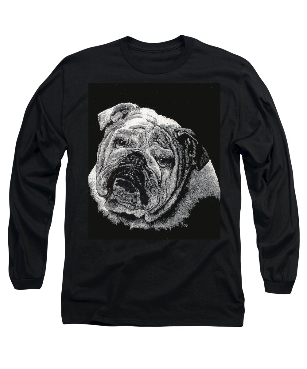 Bulldog Print Long Sleeve T-Shirt featuring the drawing Bulldog by Rachel Bochnia