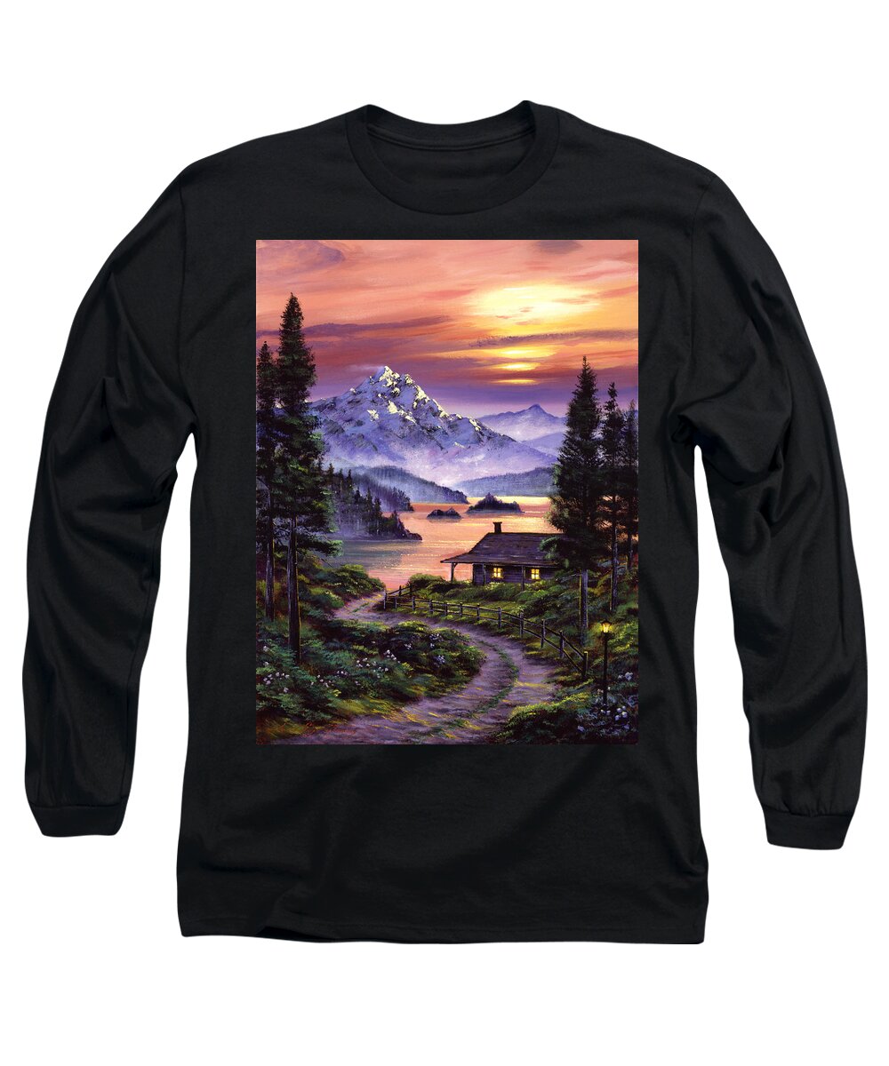 Landscape Long Sleeve T-Shirt featuring the painting Cabin On The Lake by David Lloyd Glover