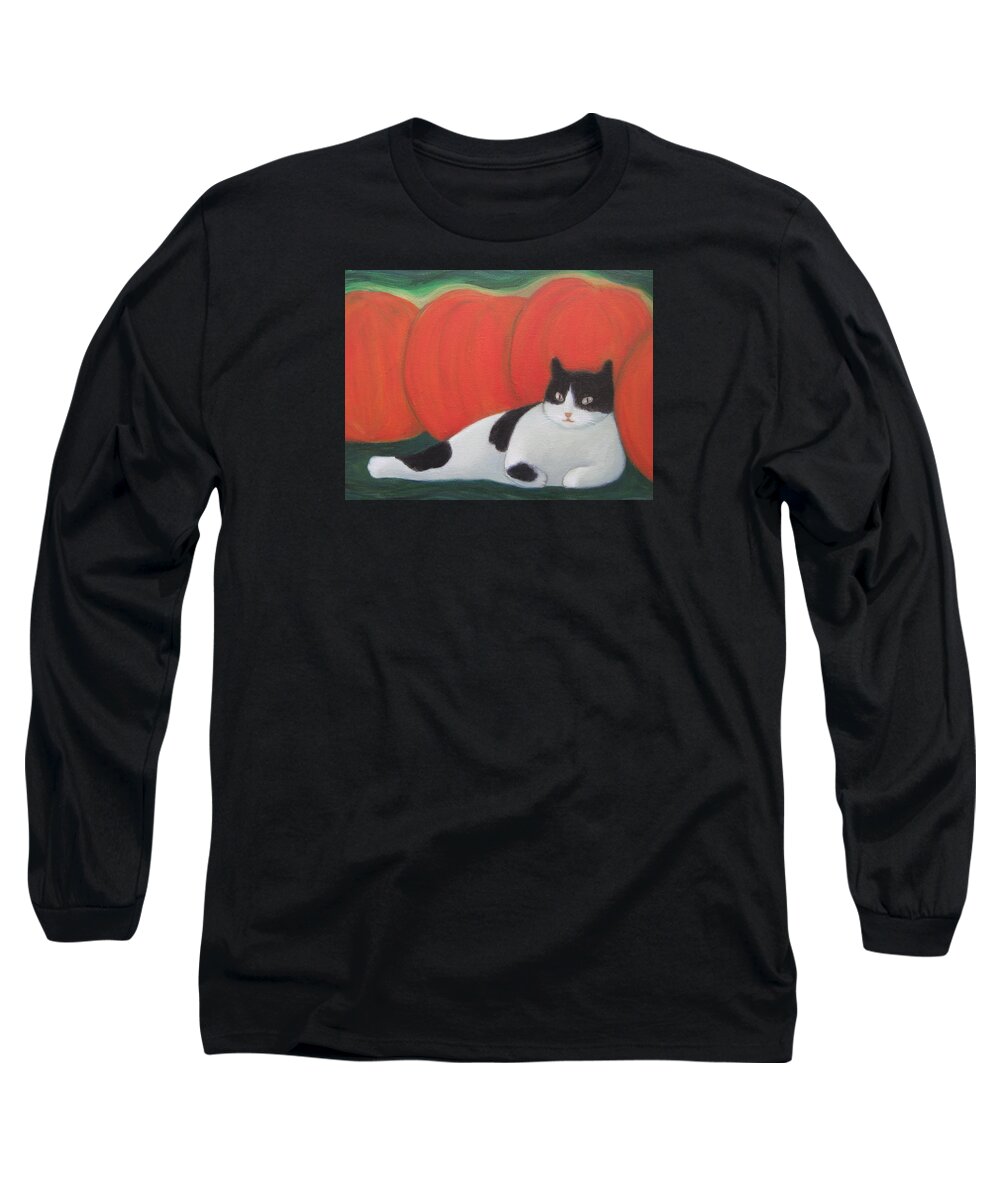 Cat Painting Long Sleeve T-Shirt featuring the painting Cat and Pumpkins by Kazumi Whitemoon