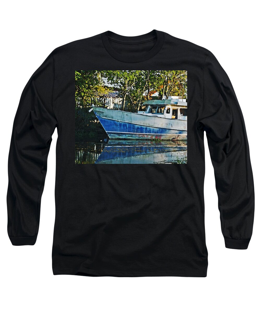 Fishing Boat Long Sleeve T-Shirt featuring the photograph Chauvin LA Blue Bayou Boat by Lizi Beard-Ward