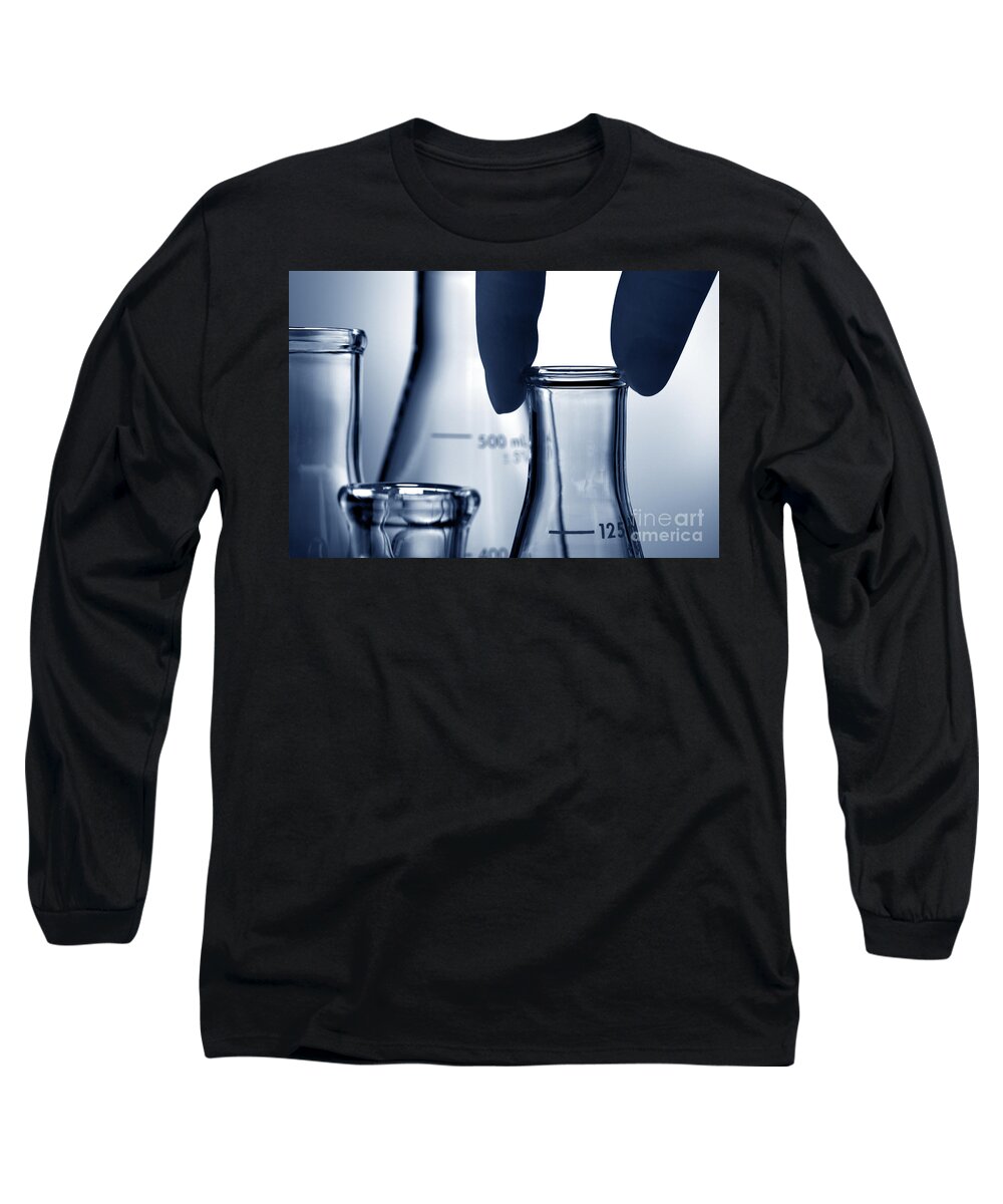 Blue Long Sleeve T-Shirt featuring the photograph Erlenmeyer Flasks in Science Research Lab by Science Research Lab