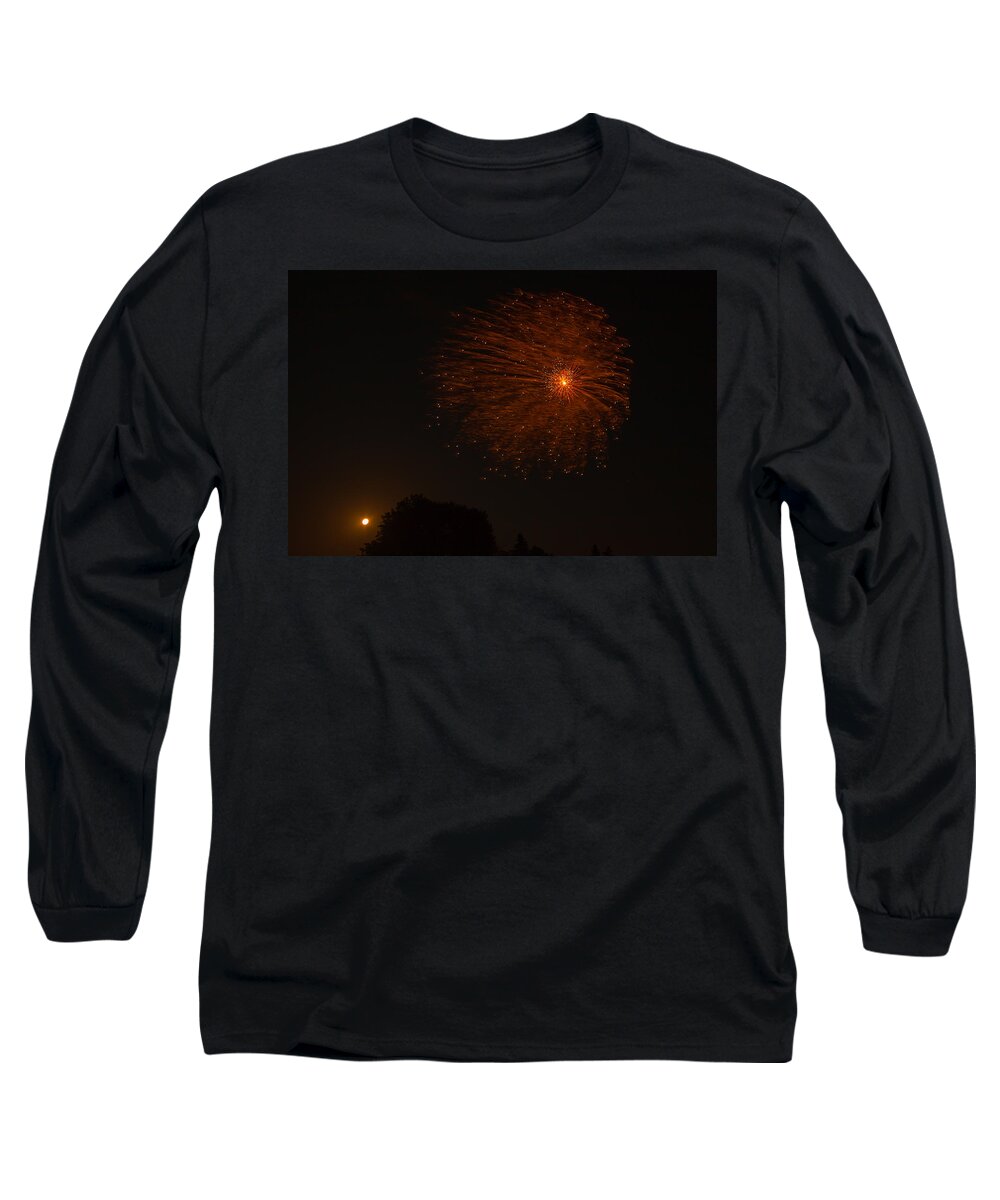  Long Sleeve T-Shirt featuring the photograph Fireworks and Wildfire Moon by Tom Gort