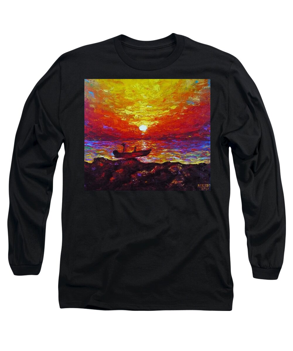 Landscape Long Sleeve T-Shirt featuring the painting Fishermen with Sunset by Ericka Herazo