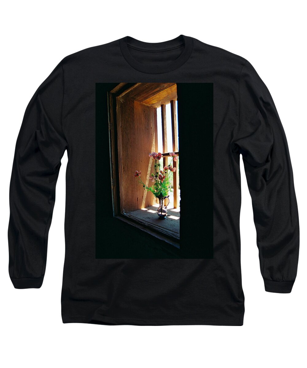 Santa Fe Long Sleeve T-Shirt featuring the photograph Flower In Window by Ron Weathers