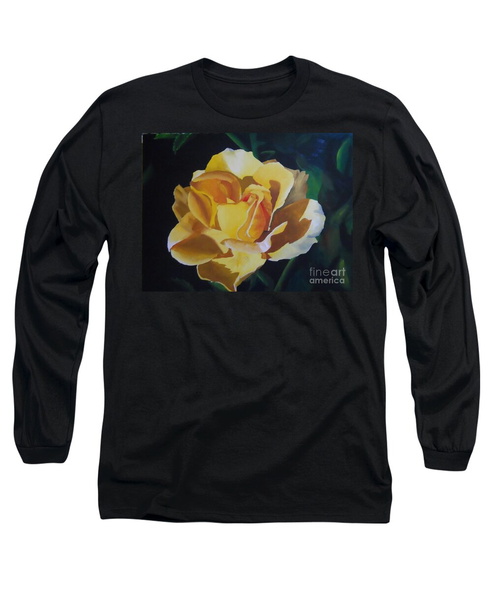 Goldne Showers Rose Long Sleeve T-Shirt featuring the painting Golden Showers Rose by Yenni Harrison