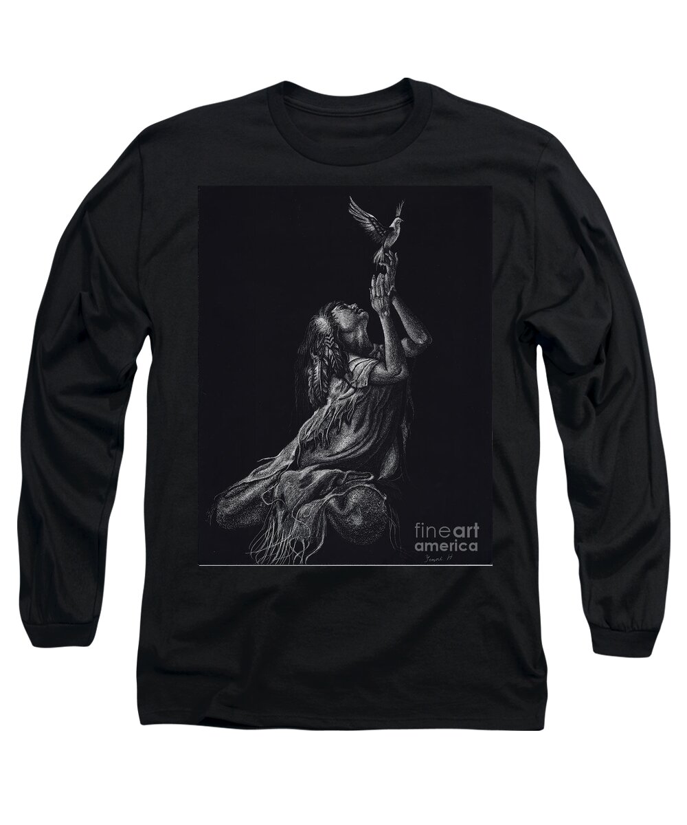 Indian Long Sleeve T-Shirt featuring the drawing Love of Freedom by Yenni Harrison