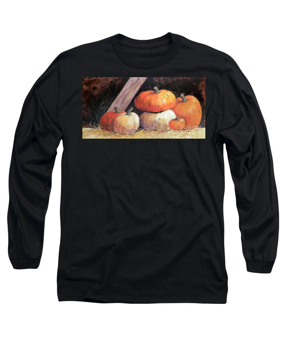 Pumpkins Long Sleeve T-Shirt featuring the painting Pumpkins in Barn by Hilda Vandergriff