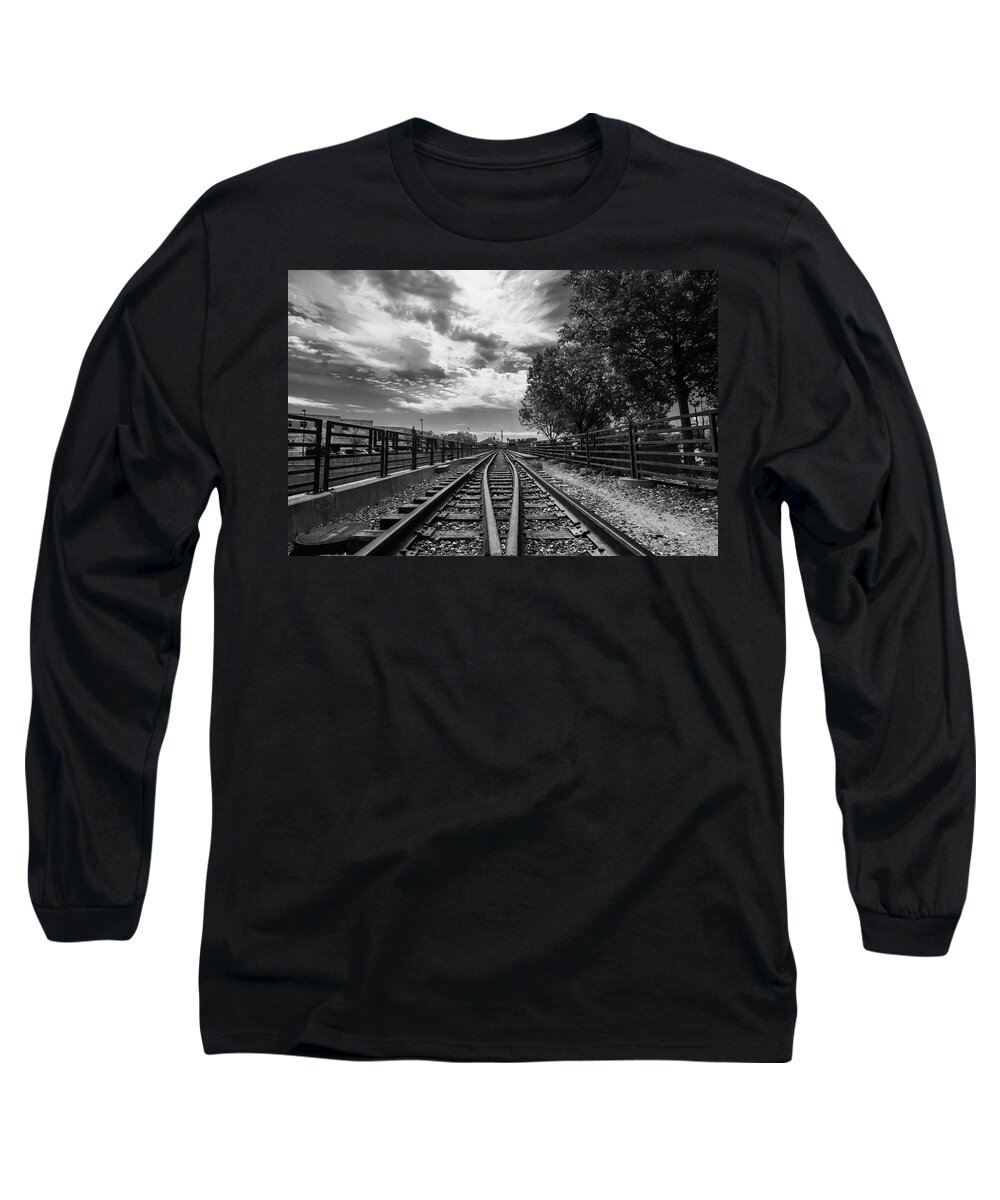 Train Track Railroad Tie Rail Sky Black And White Long Sleeve T-Shirt featuring the photograph Silent Spur by Tom Gort
