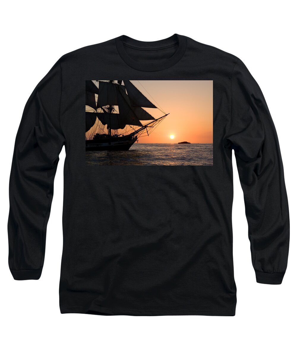 Silhouette Long Sleeve T-Shirt featuring the photograph Silhouette of tall ship at sunset by Cliff Wassmann
