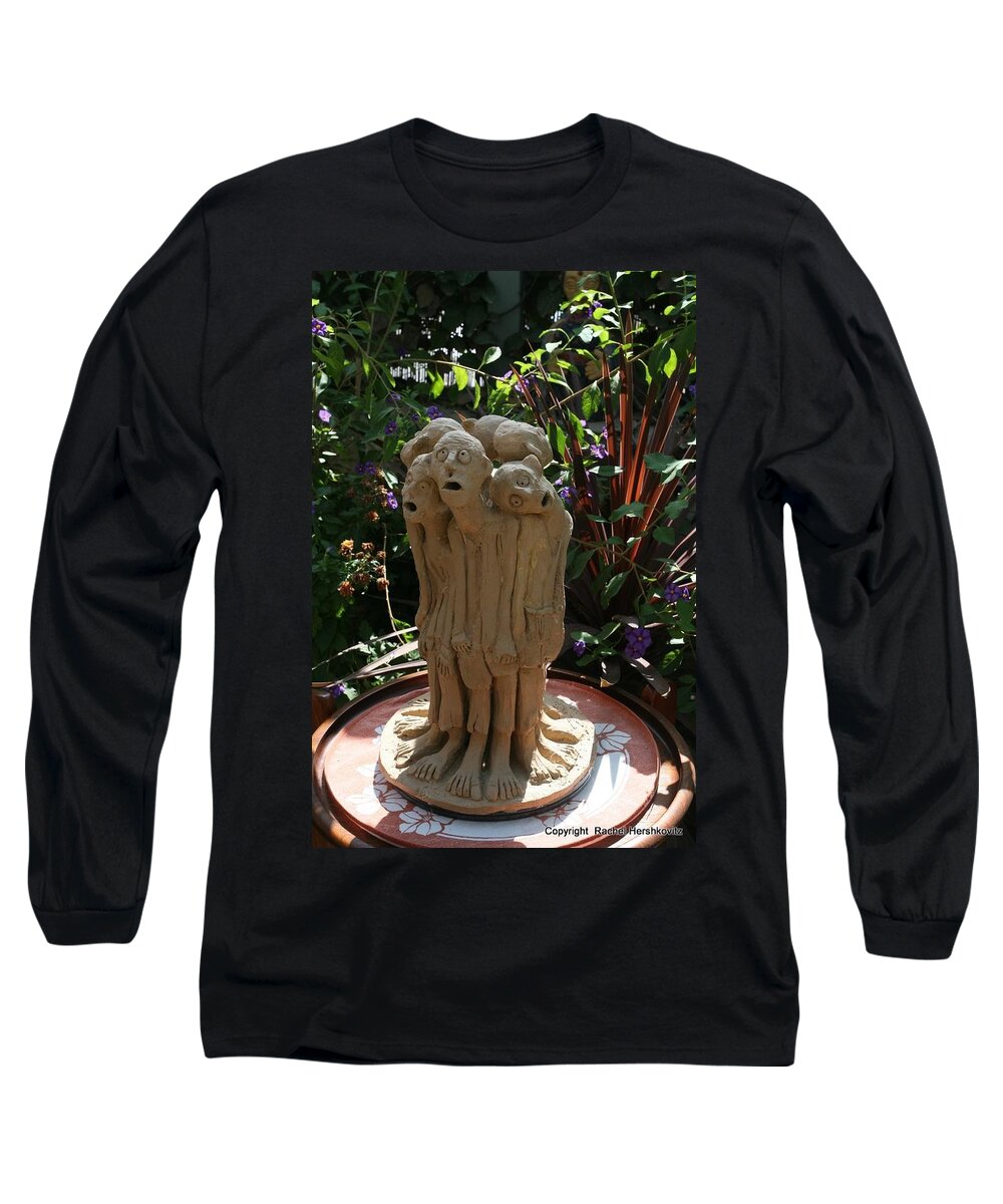 Suffering Long Sleeve T-Shirt featuring the sculpture Suffering Circle ceramic sculpture brown clay by Rachel Hershkovitz