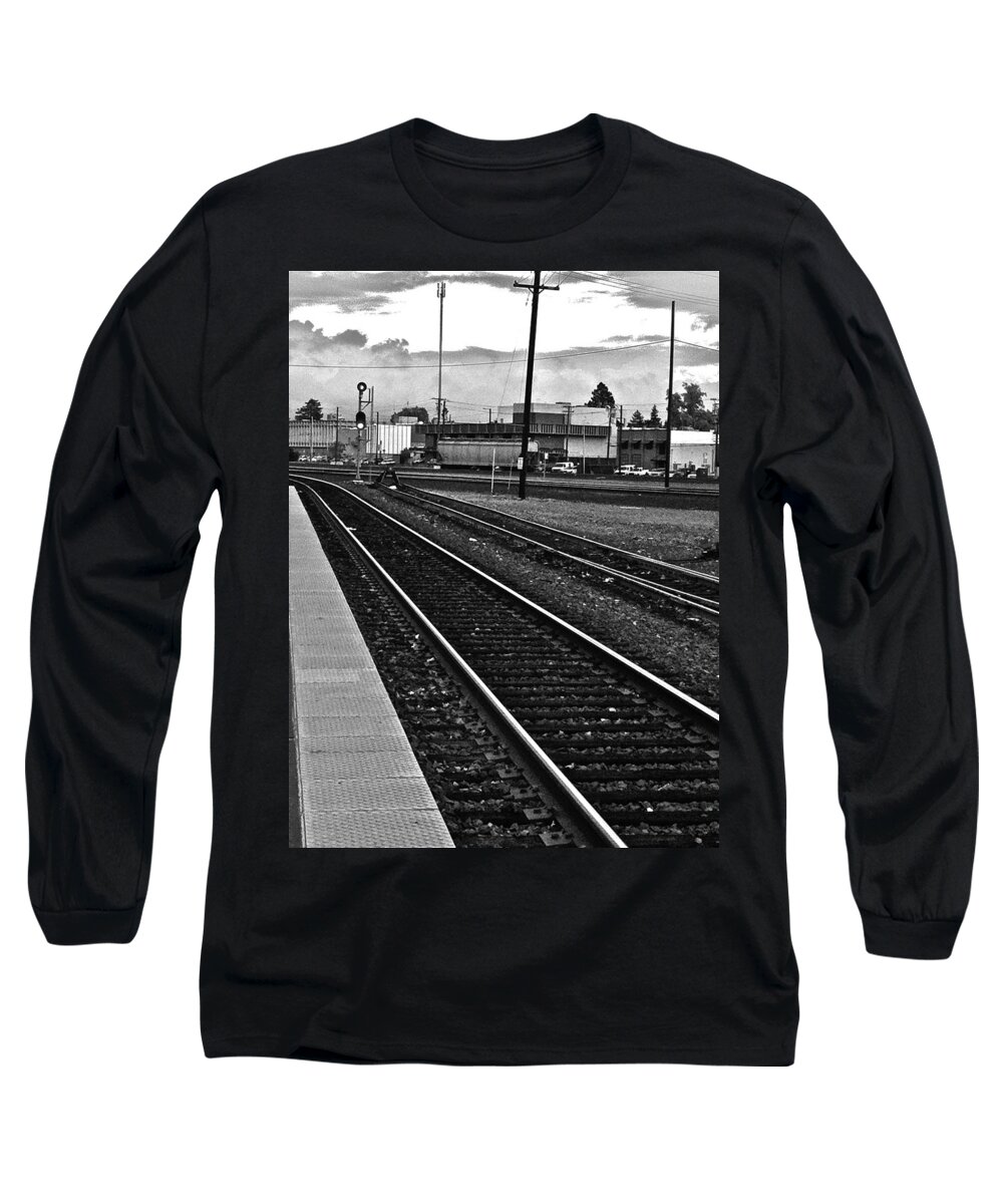 Train Tracks Long Sleeve T-Shirt featuring the photograph train tracks - Black and White by Bill Owen