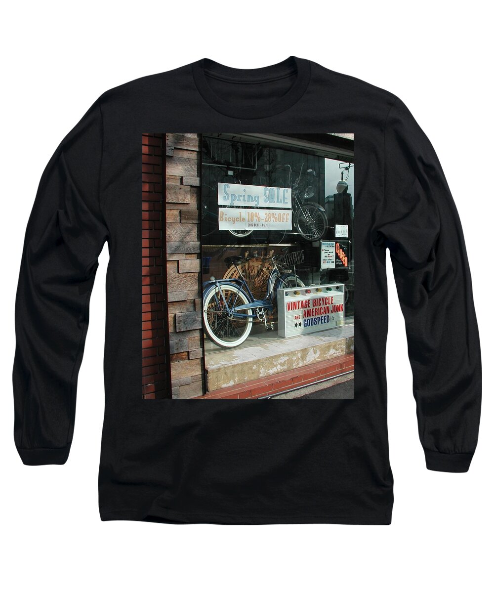 Vintage Bicycle And American Junk Godspeed Long Sleeve T-Shirt featuring the photograph Vintage Bicycle and American Junk by Anna Ruzsan