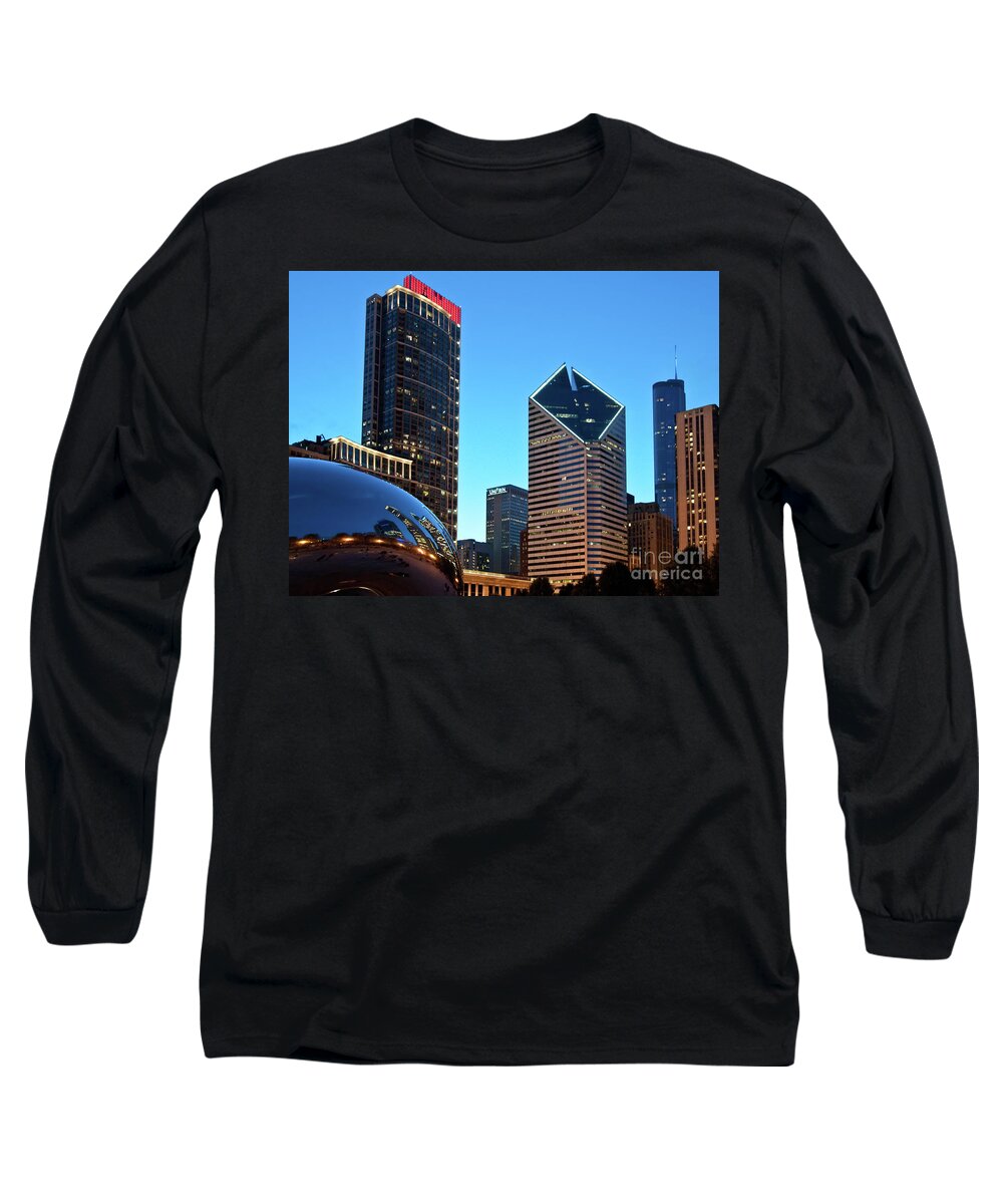 Bean Long Sleeve T-Shirt featuring the photograph A View from Millenium Park at Dusk #2 by David Levin