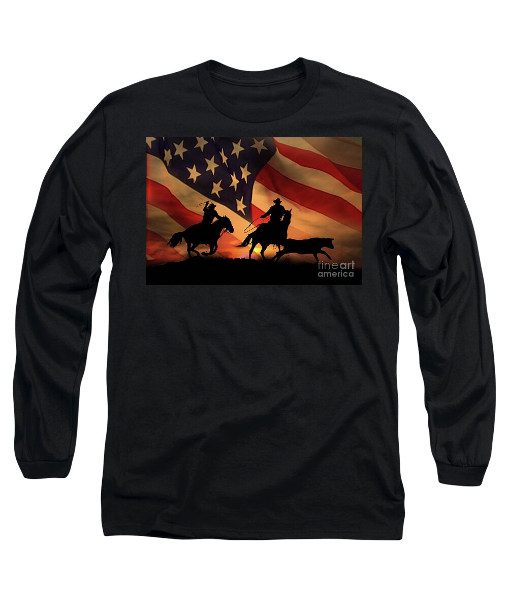 Western Long Sleeve T-Shirt featuring the photograph American Cowboy, Team Ropers with American Flag by Stephanie Laird