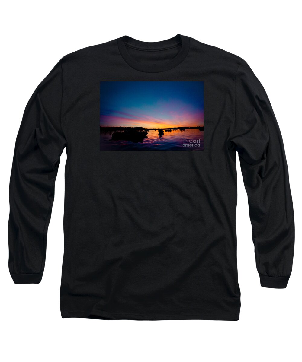 Waters Long Sleeve T-Shirt featuring the photograph Boats and Sunrise above lake water summer time Latvia Ezera skanas #1 by Raimond Klavins
