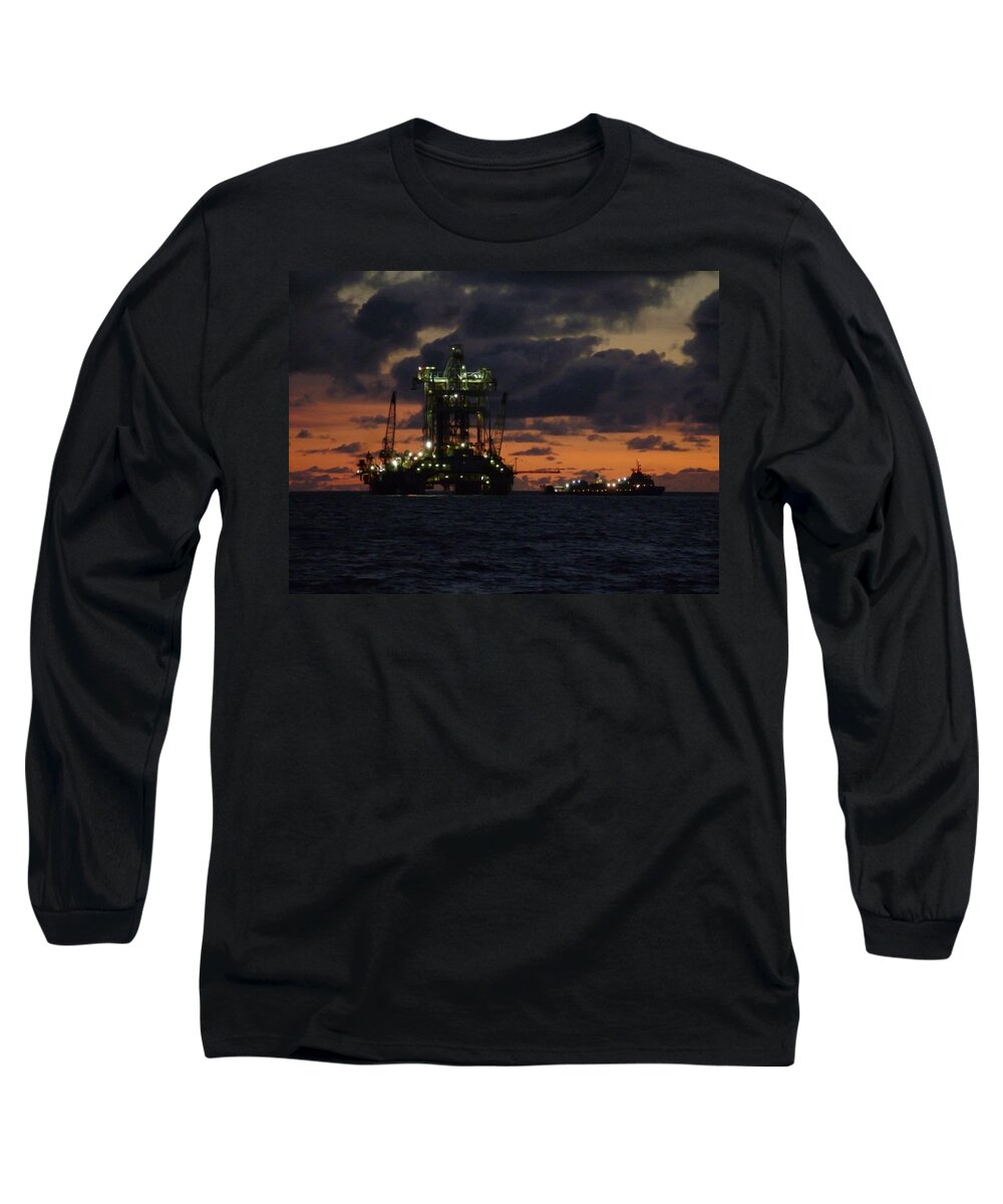 Off Shore Long Sleeve T-Shirt featuring the photograph Drill Rig at Dusk by Charles and Melisa Morrison
