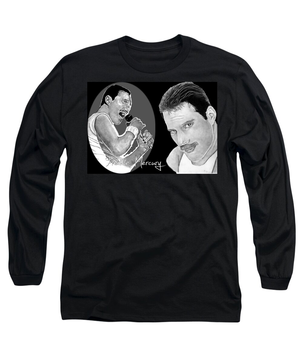 Freddie Long Sleeve T-Shirt featuring the drawing Freddie Mercury #1 by Bill Richards