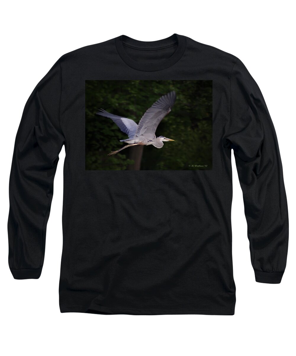 2d Long Sleeve T-Shirt featuring the photograph Great Blue Heron In Flight #1 by Brian Wallace