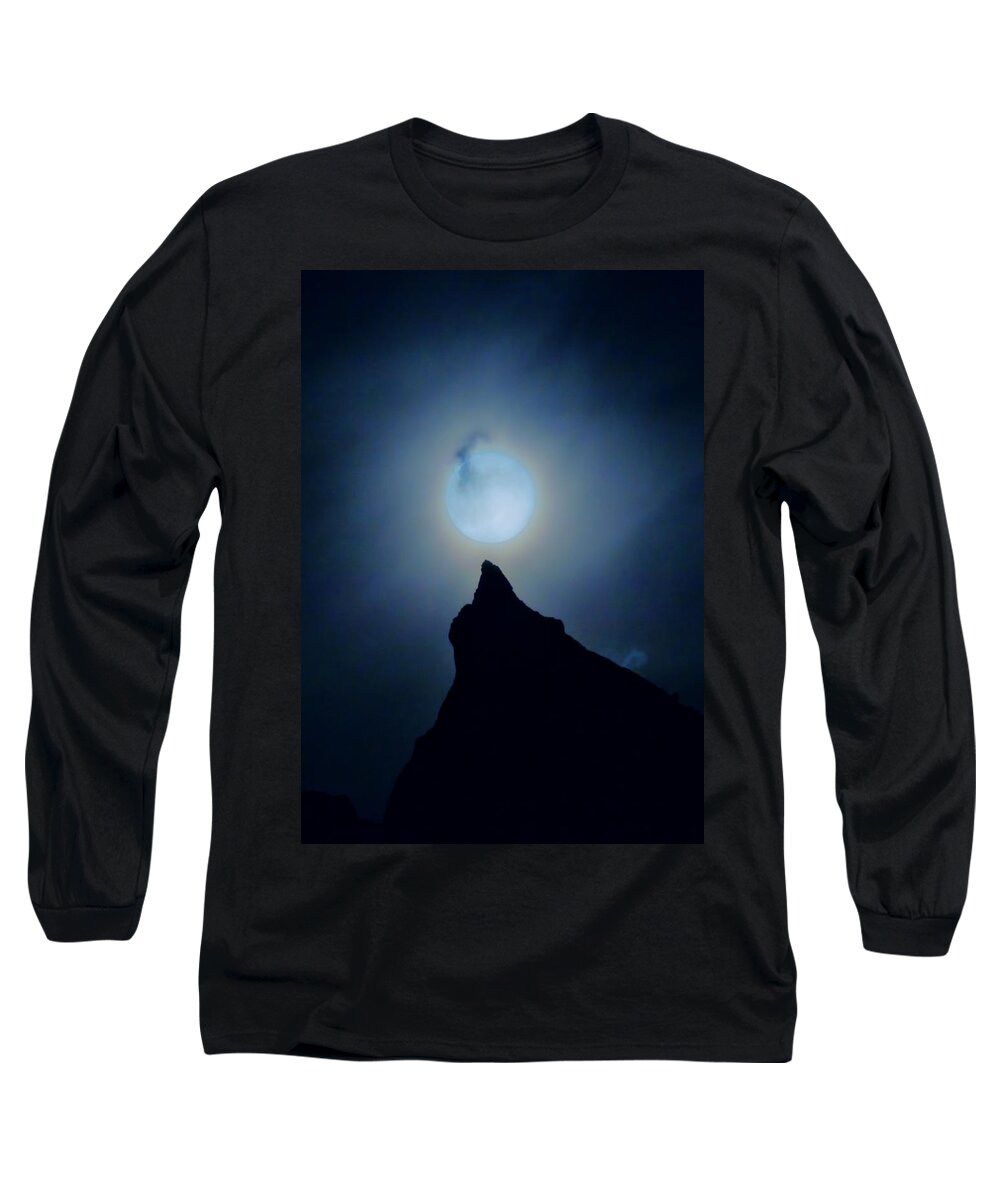 Nature Long Sleeve T-Shirt featuring the digital art Moon Over Mountain #1 by William Horden