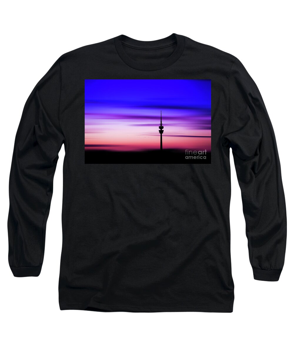 Bavaria Long Sleeve T-Shirt featuring the photograph Munich - Olympiaturm at sunset by Hannes Cmarits