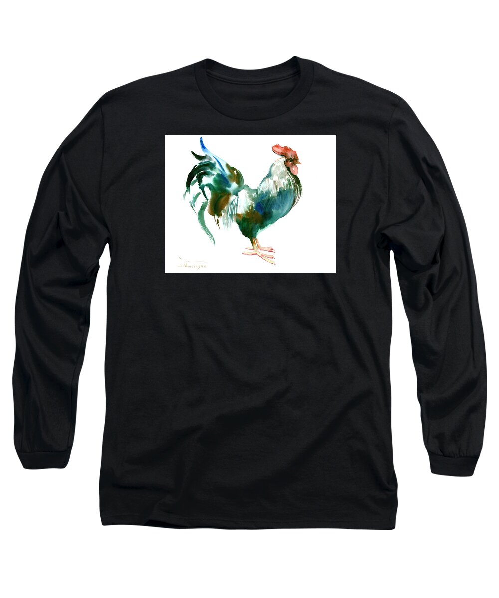 Rooster Art Long Sleeve T-Shirt featuring the painting Rooster #1 by Suren Nersisyan