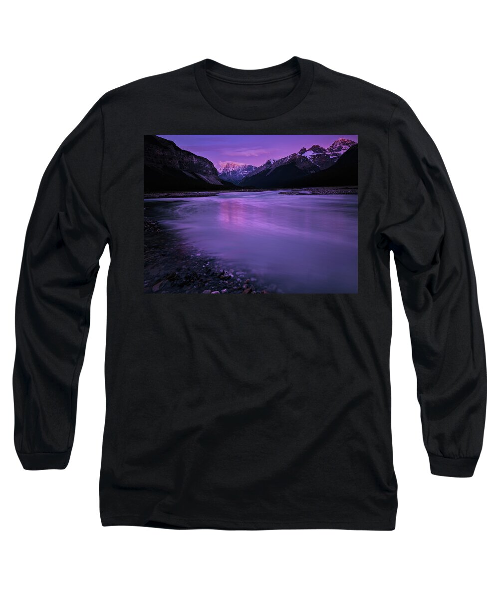 The Sunwapta River In Jasper National Park Before Sunrise On A Summer Morning. Long Sleeve T-Shirt featuring the photograph Sunwapta River #1 by Dan Jurak