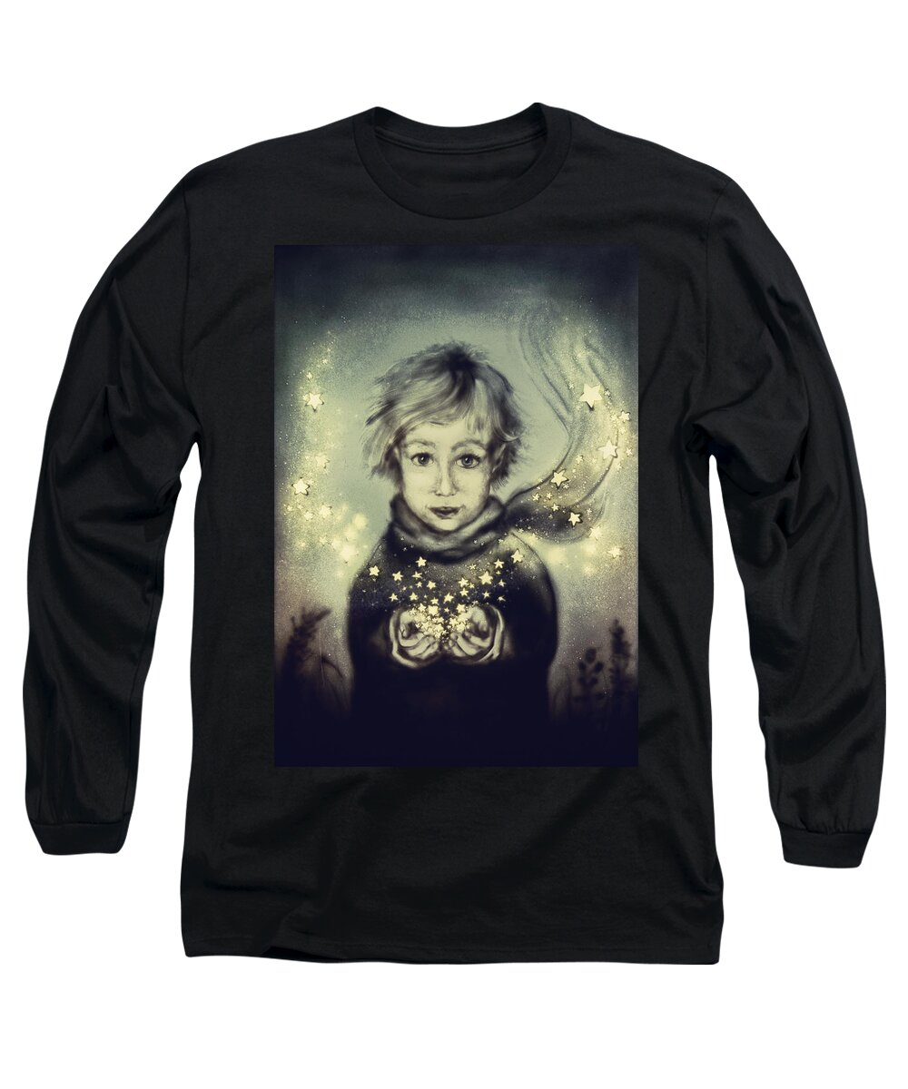 The Little Prince Long Sleeve T-Shirt featuring the painting The Little Prince And Stars by Elena Vedernikova