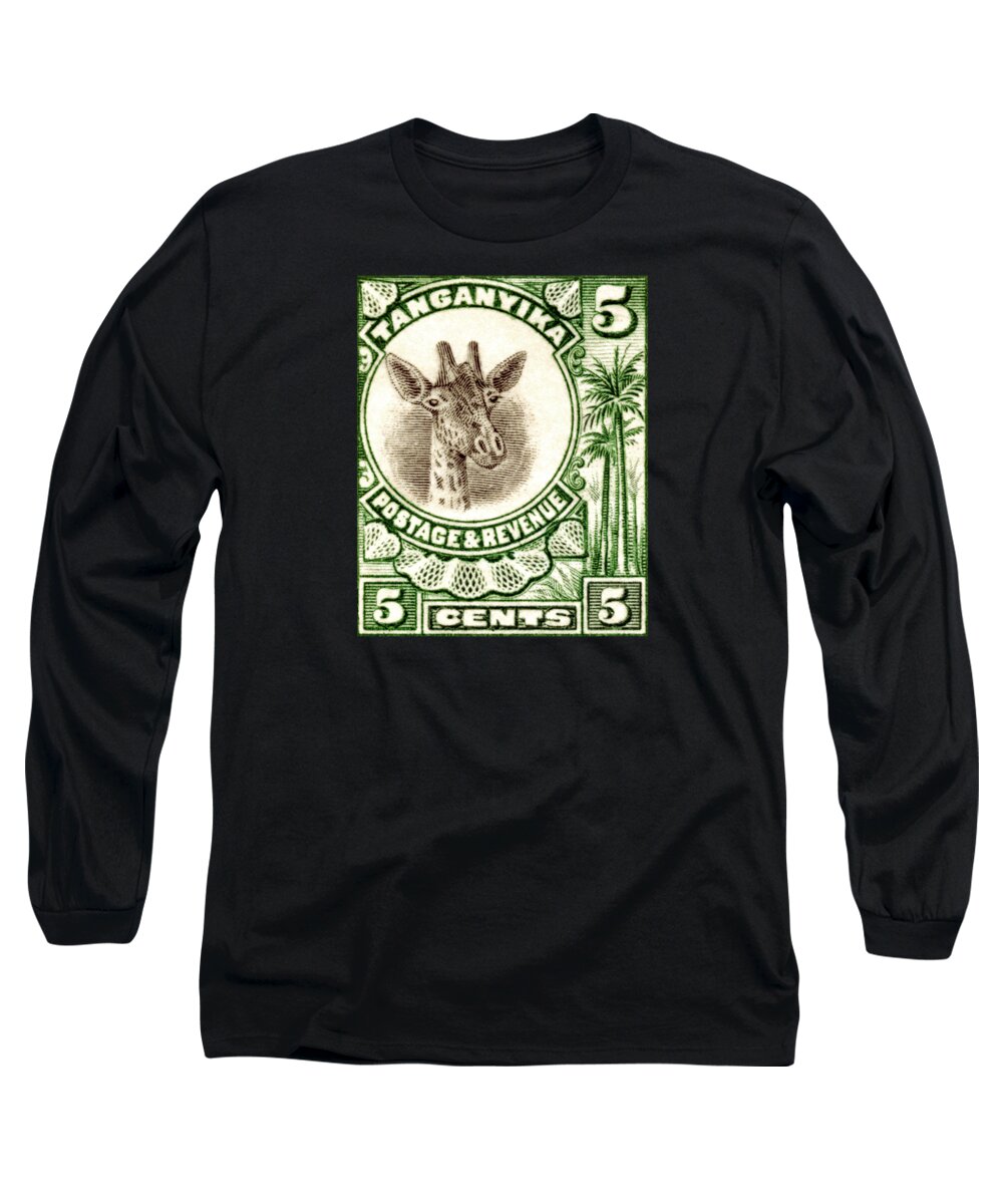 Giraffe Long Sleeve T-Shirt featuring the painting 1922 East African Giraffe Stamp by Historic Image