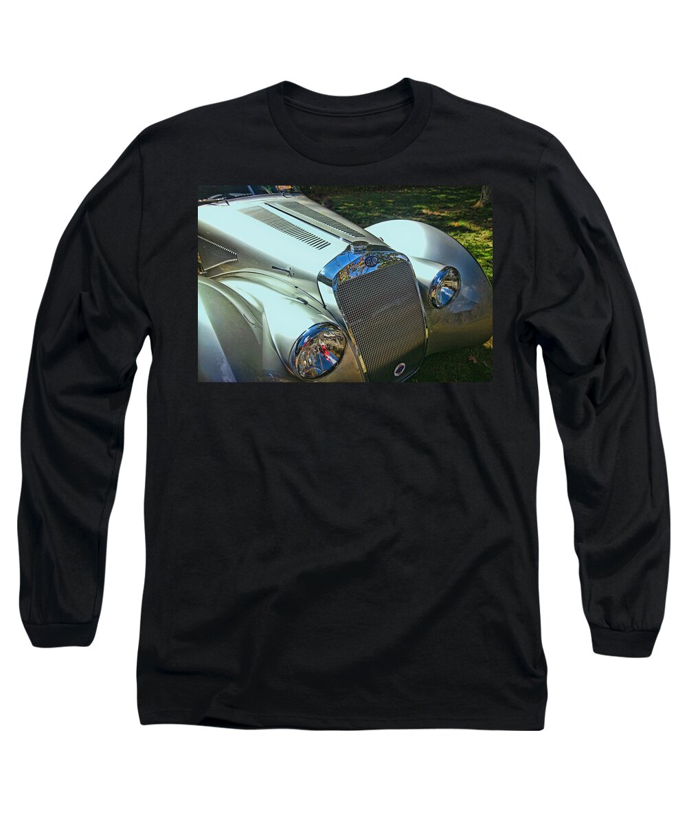 1938 Delage Aerodynamic Coupe Long Sleeve T-Shirt featuring the photograph 1938 Delage D8 - 120 Aerodynamic Coupe Front Grill by Allen Beatty