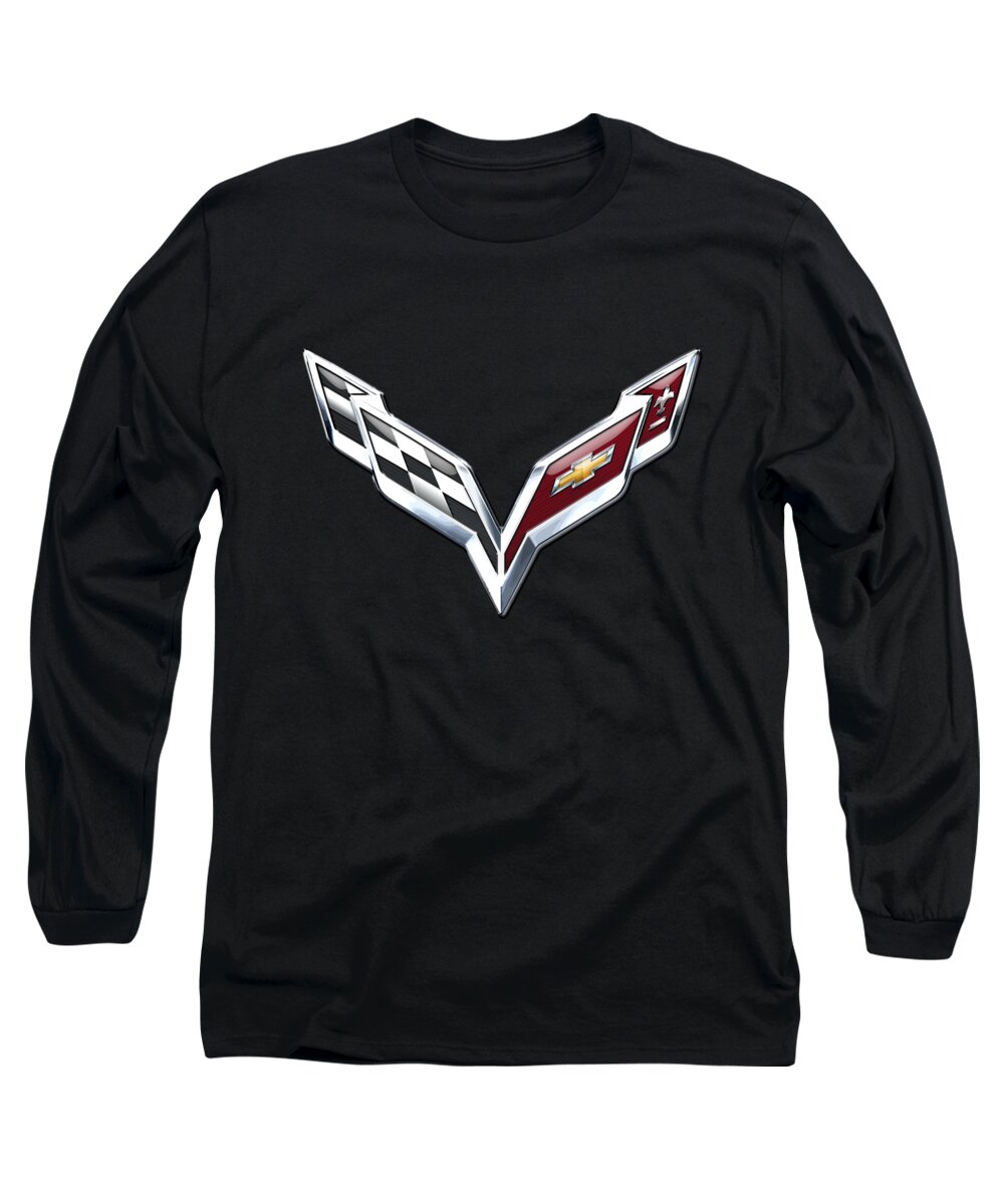 �wheels Of Fortune� Collection By Serge Averbukh Long Sleeve T-Shirt featuring the photograph Chevrolet Corvette 3D Badge on Black #1 by Serge Averbukh