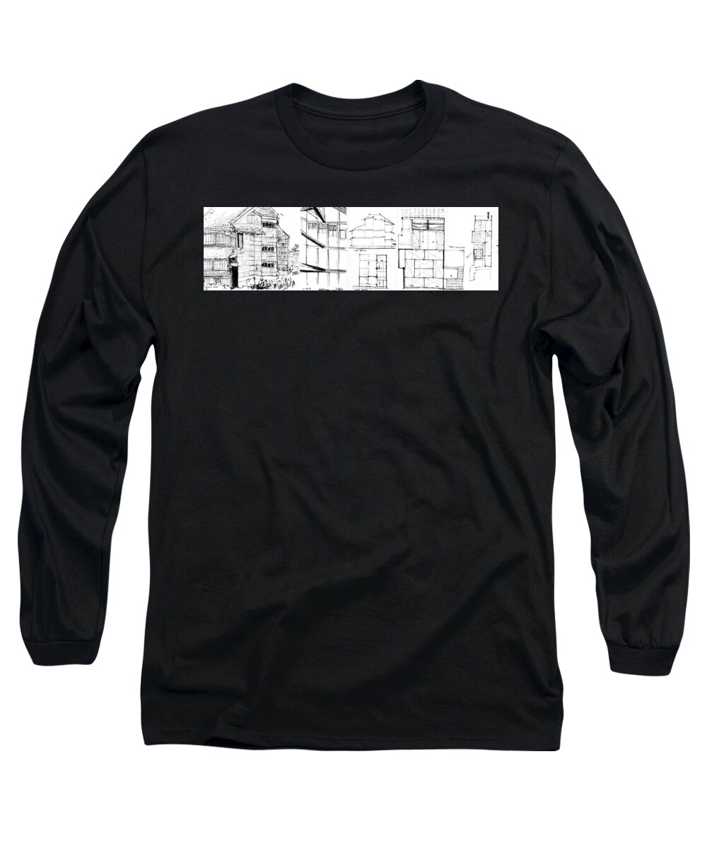 Sustainability Long Sleeve T-Shirt featuring the drawing 5.6.Japan-2-left-side by Charlie Szoradi