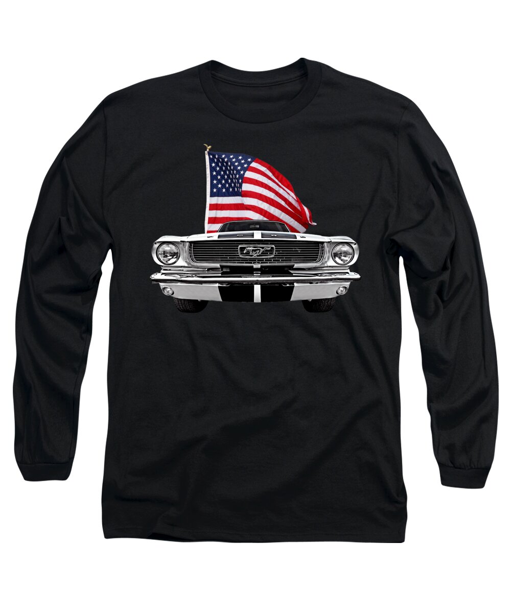 Mustang Long Sleeve T-Shirt featuring the photograph 66 Mustang With U.S. Flag On Black by Gill Billington