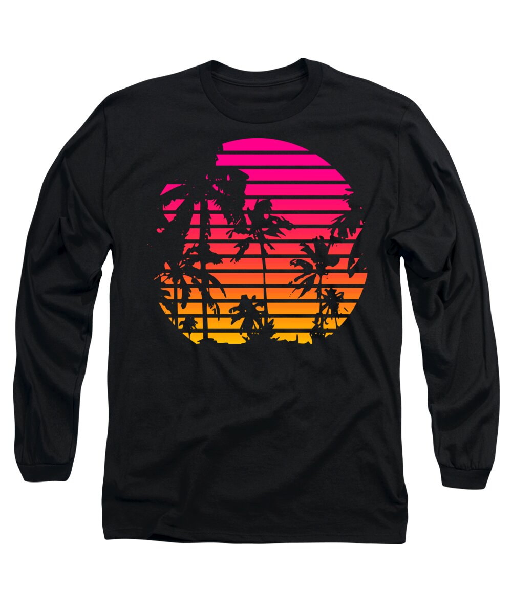 Sun Long Sleeve T-Shirt featuring the mixed media 80s Tropical Sunset by Filip Schpindel