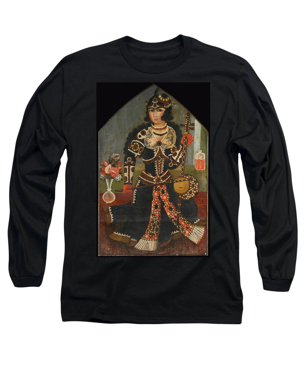 A Female Musician Playing A Spike Fiddle Long Sleeve T-Shirt featuring the painting A female musician playing a spike fiddle by Eastern Accent 