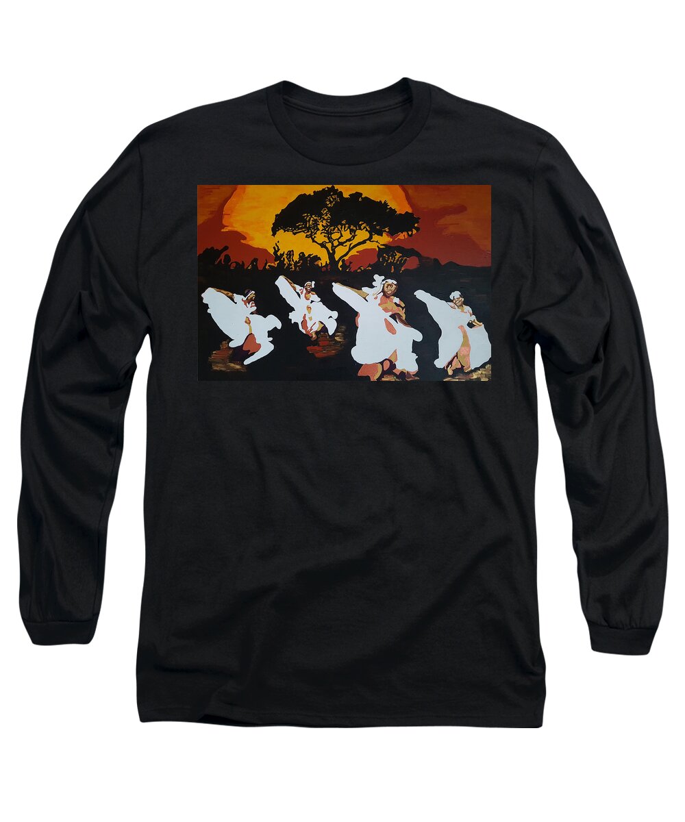 Afro Long Sleeve T-Shirt featuring the painting Afro Carib Dance by Rachel Natalie Rawlins