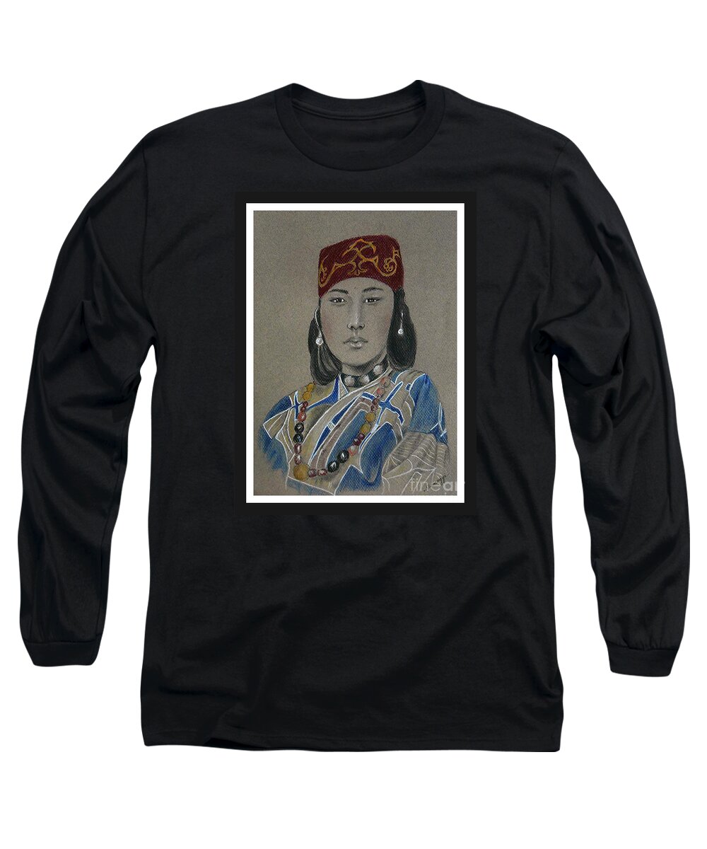 Ainu Long Sleeve T-Shirt featuring the drawing Ainu Woman -- Portrait of Ethnic Asian Woman by Jayne Somogy