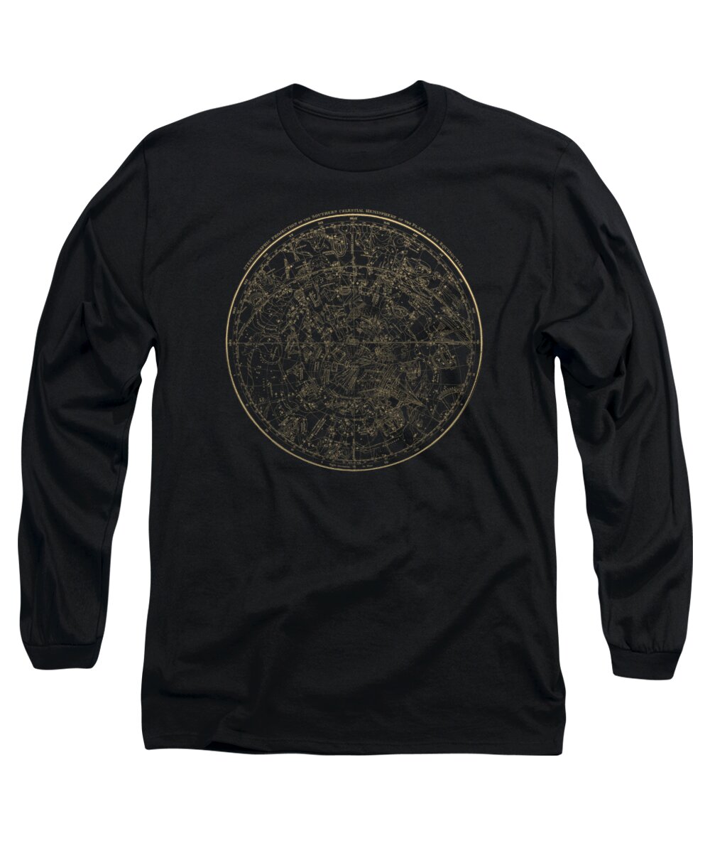 ‘celestial Maps’ Collection By Serge Averbukh Long Sleeve T-Shirt featuring the digital art Alexander Jamieson's Celestial Atlas - Southern Hemisphere Gold on Black Edition by Serge Averbukh