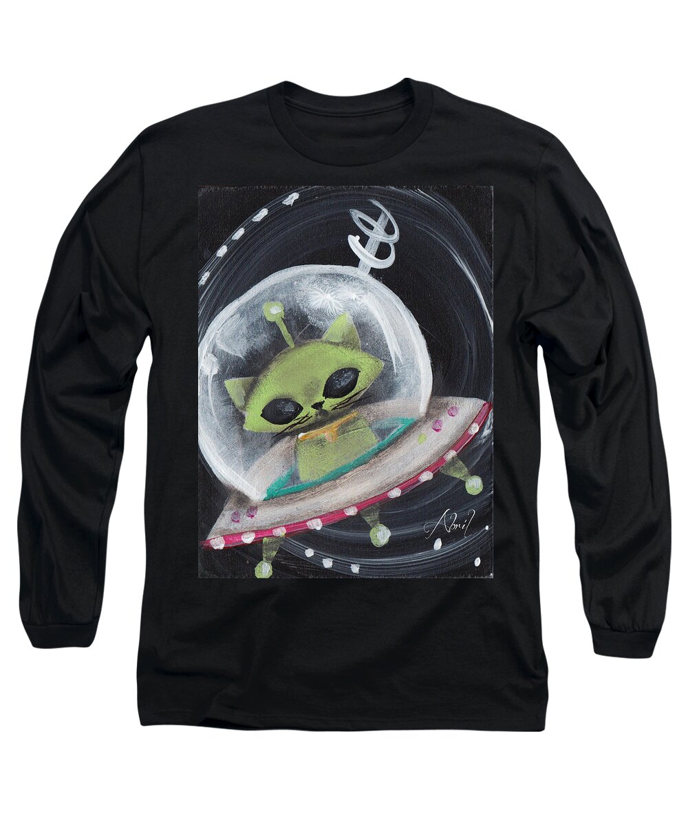 Mid Century Modern Long Sleeve T-Shirt featuring the painting Alien Green Space Cat by Abril Andrade