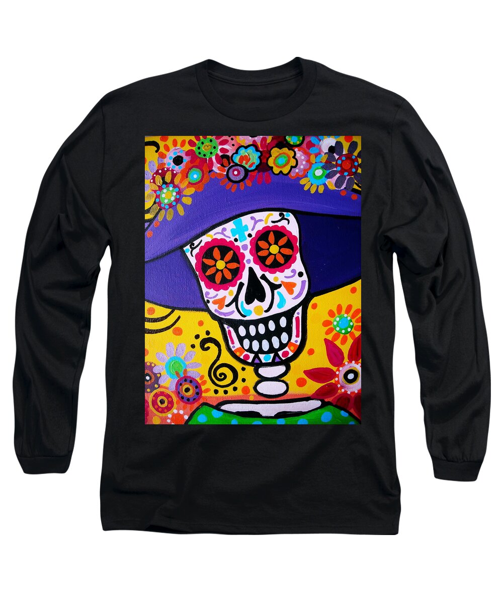 Day Of The Dead Long Sleeve T-Shirt featuring the painting Amiga Catrina Smile by Pristine Cartera Turkus