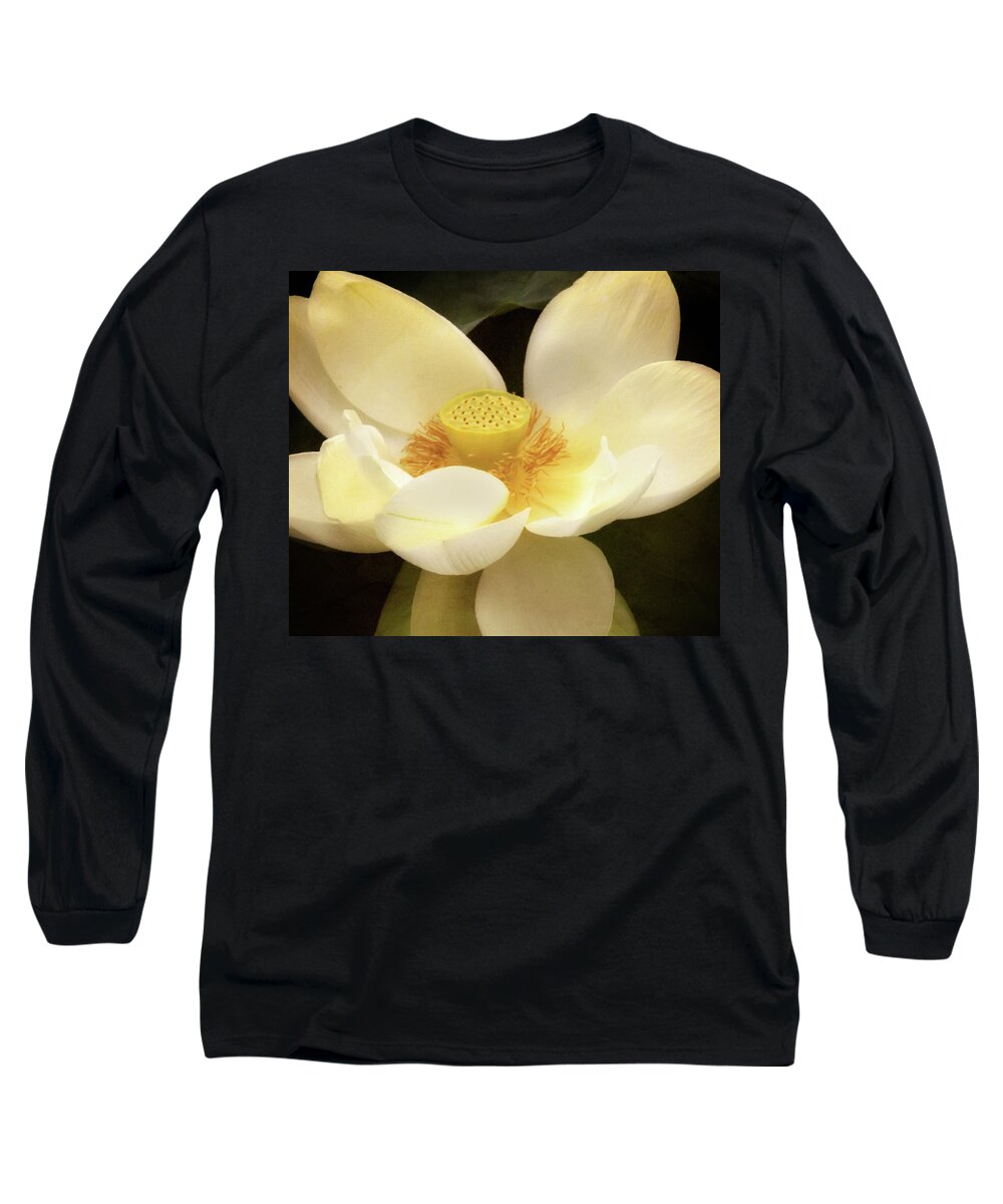 Antique Lotus Long Sleeve T-Shirt featuring the mixed media Antique Lotus by Georgiana Romanovna