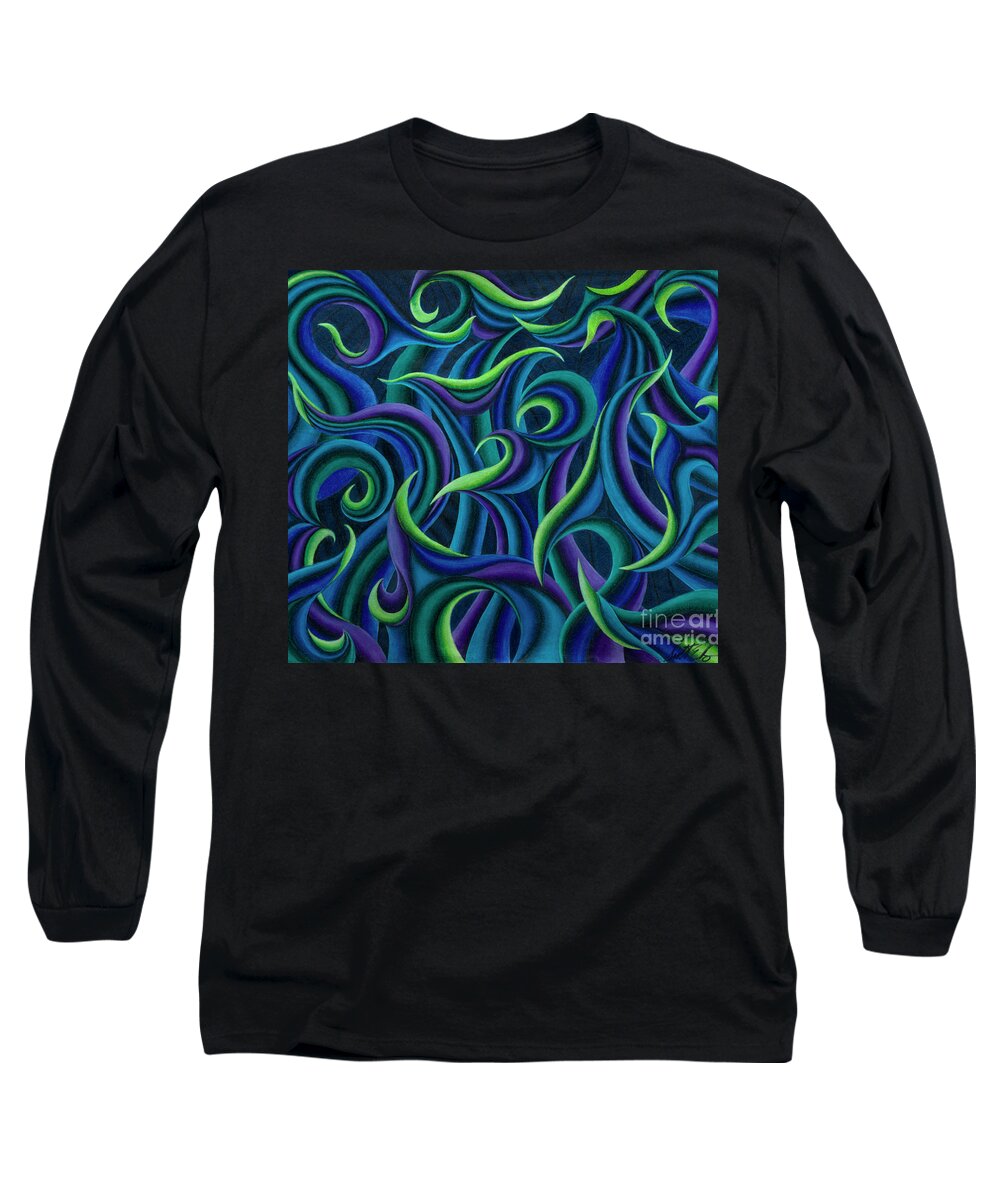 Abstract Long Sleeve T-Shirt featuring the drawing Aqua Tango by Scott Brennan