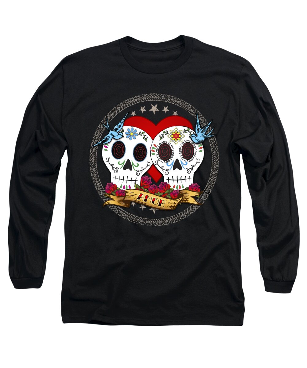 Sugar Skull Long Sleeve T-Shirt featuring the digital art Love Skulls II by Tammy Wetzel