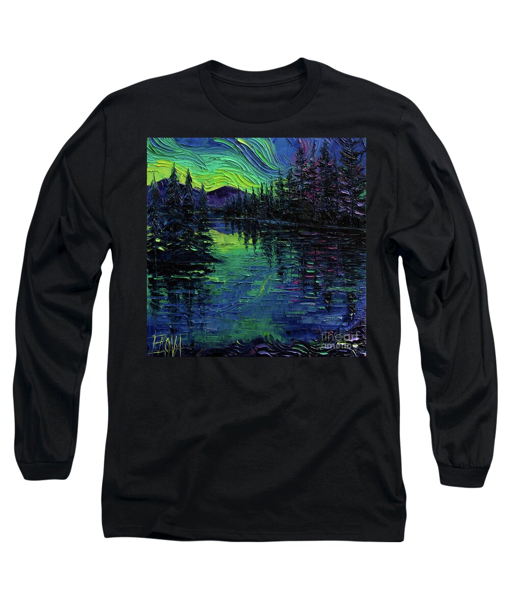 Aurora Borealis Mirage Long Sleeve T-Shirt featuring the painting Aurora Borealis Mirage Textural impressionist impasto landscape palette knife oil painting by Mona Edulesco