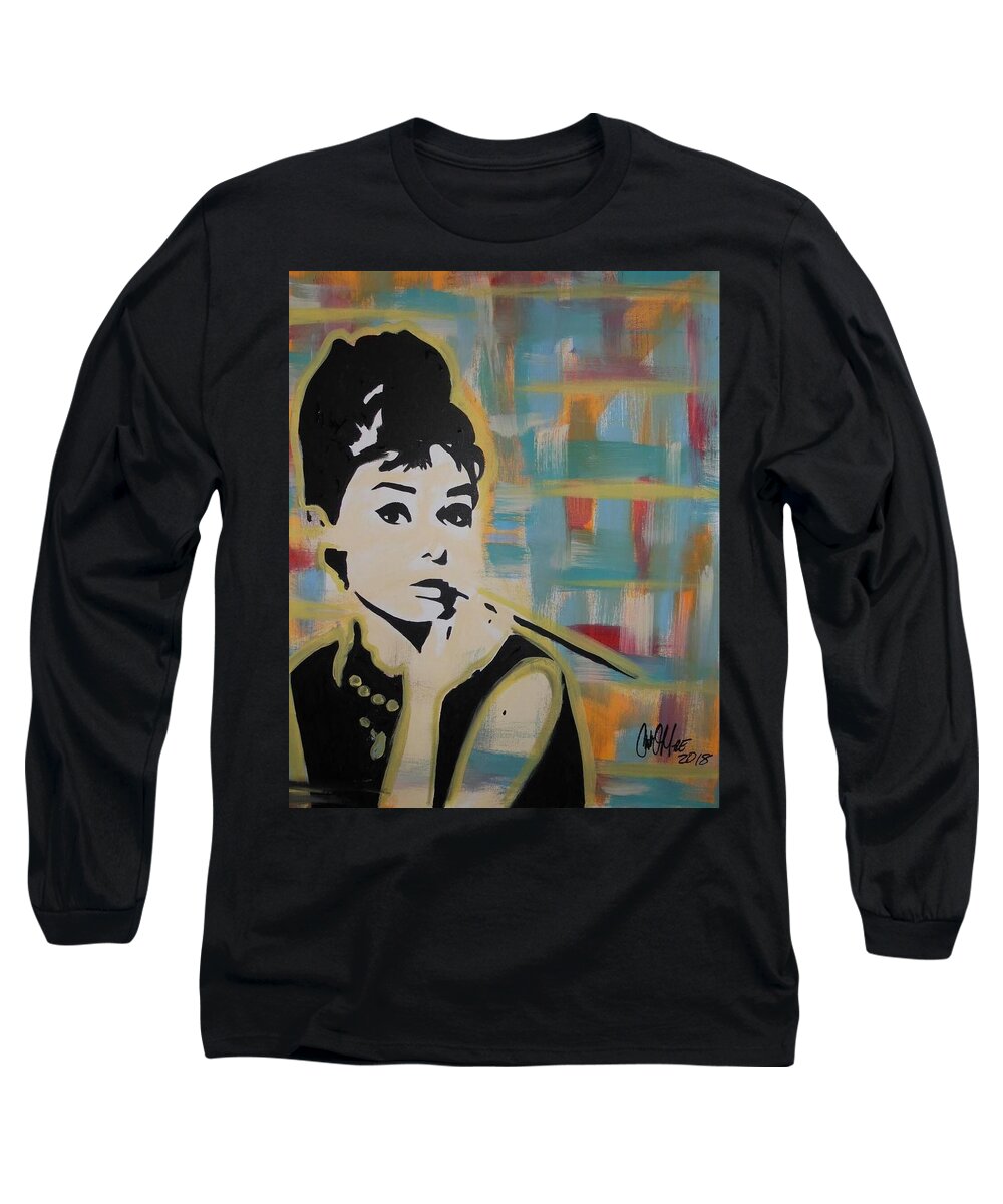 Audrey Hepburn Long Sleeve T-Shirt featuring the painting Beautiful Hepburn by Antonio Moore