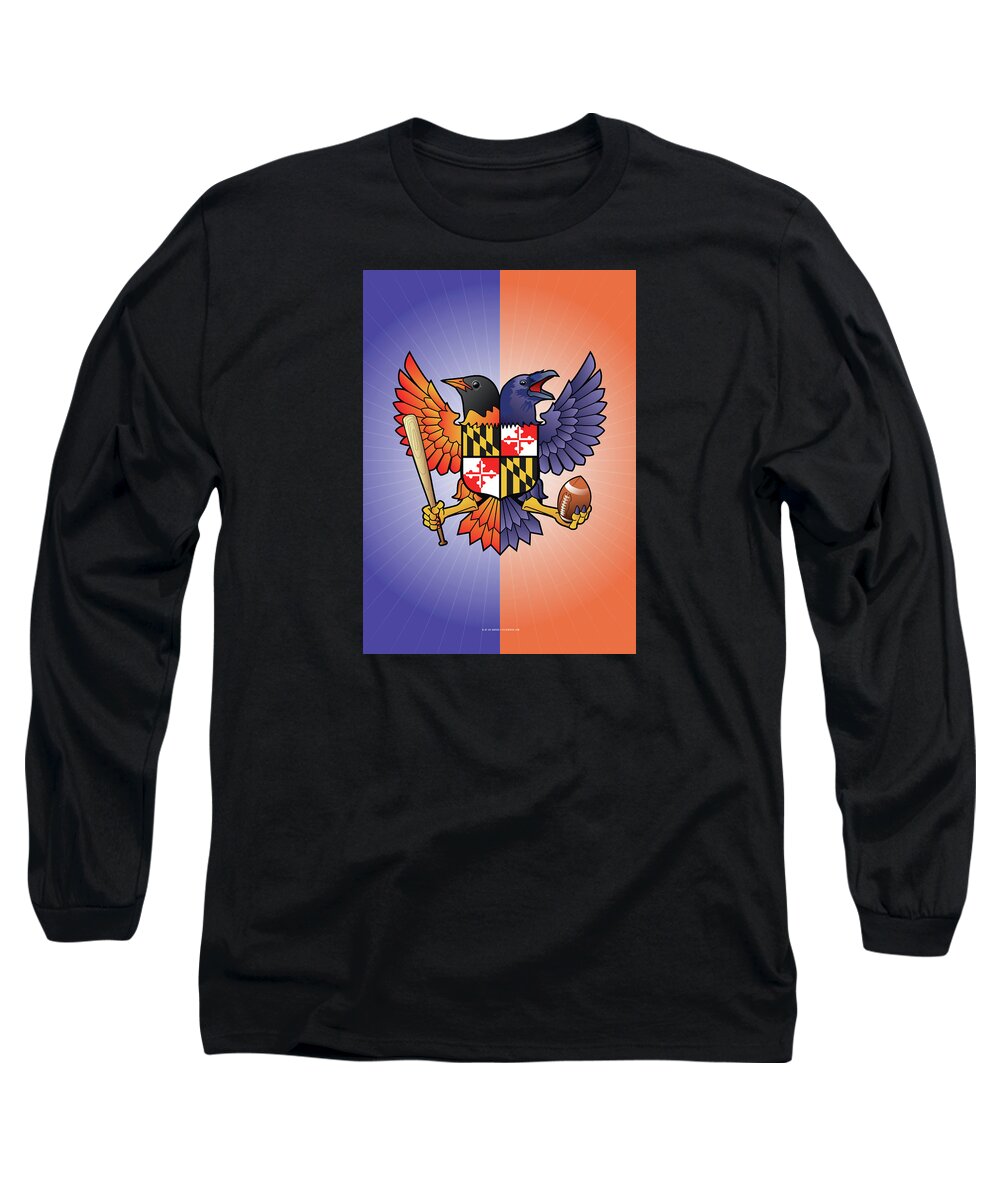 Birdland Long Sleeve T-Shirt featuring the digital art Birdland Baltimore Raven and Oriole Maryland Crest by Joe Barsin