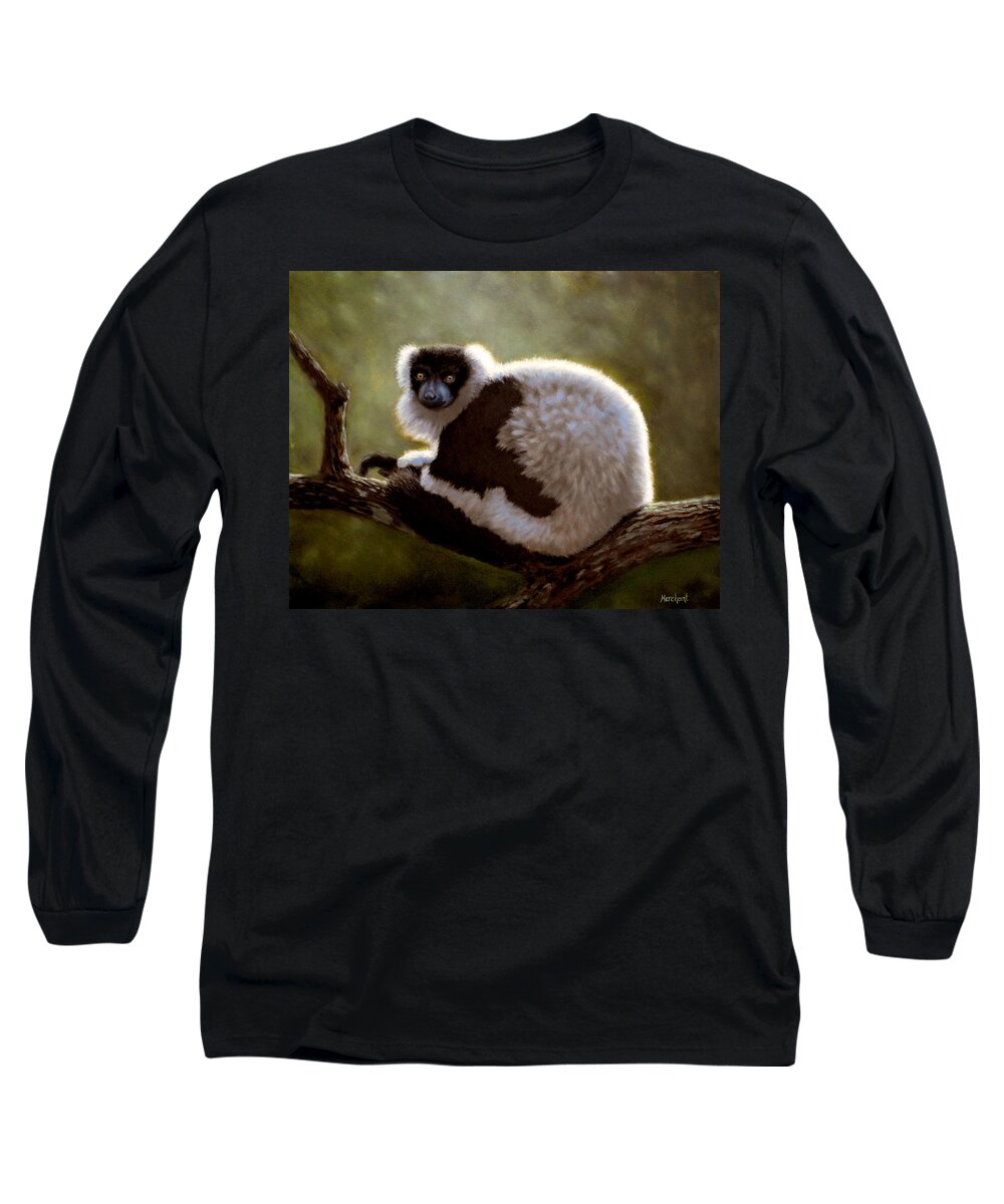 Lemur Long Sleeve T-Shirt featuring the painting Black and White Ruffed Lemur by Linda Merchant
